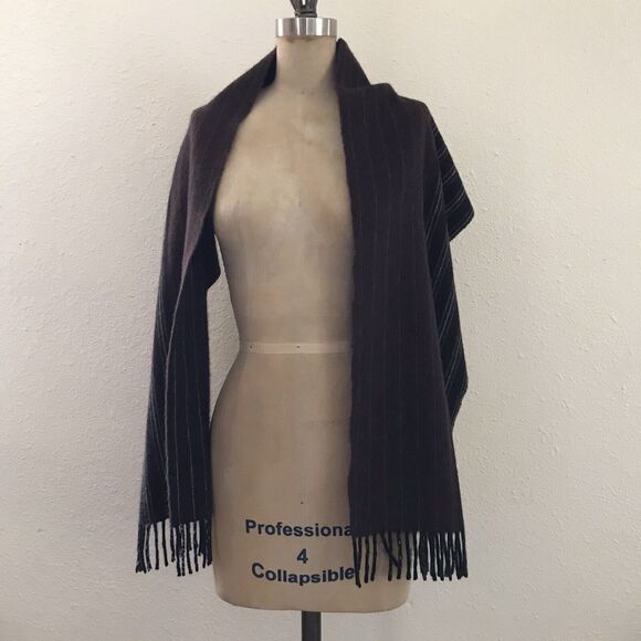 Altea Vintage Brown Wool Alpaca Striped Fringe Neck Rectangle Scarf - Picture 2 of 5